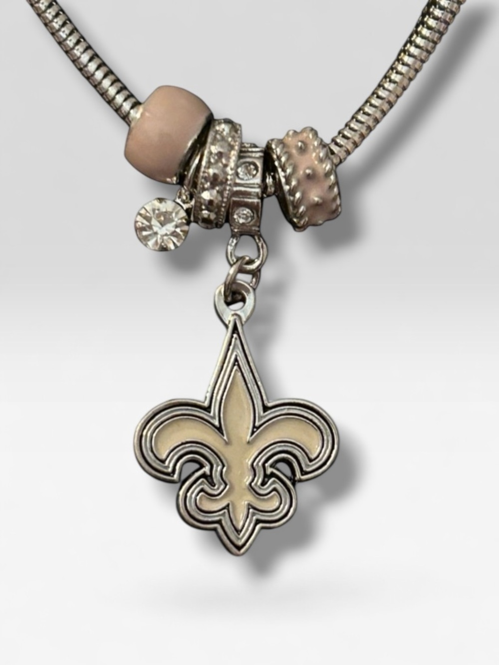 NWT Euro Bead Fleur-de-Lis Necklace Silver Rhinestone Charms NFL Saints Fan Gift
